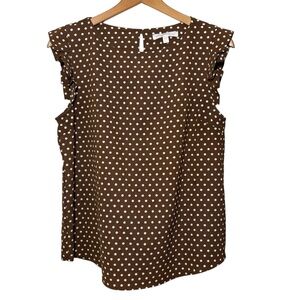 Monteau Los Angeles Brown White polka dot ruffle cap sleeved blouse. Women’s L